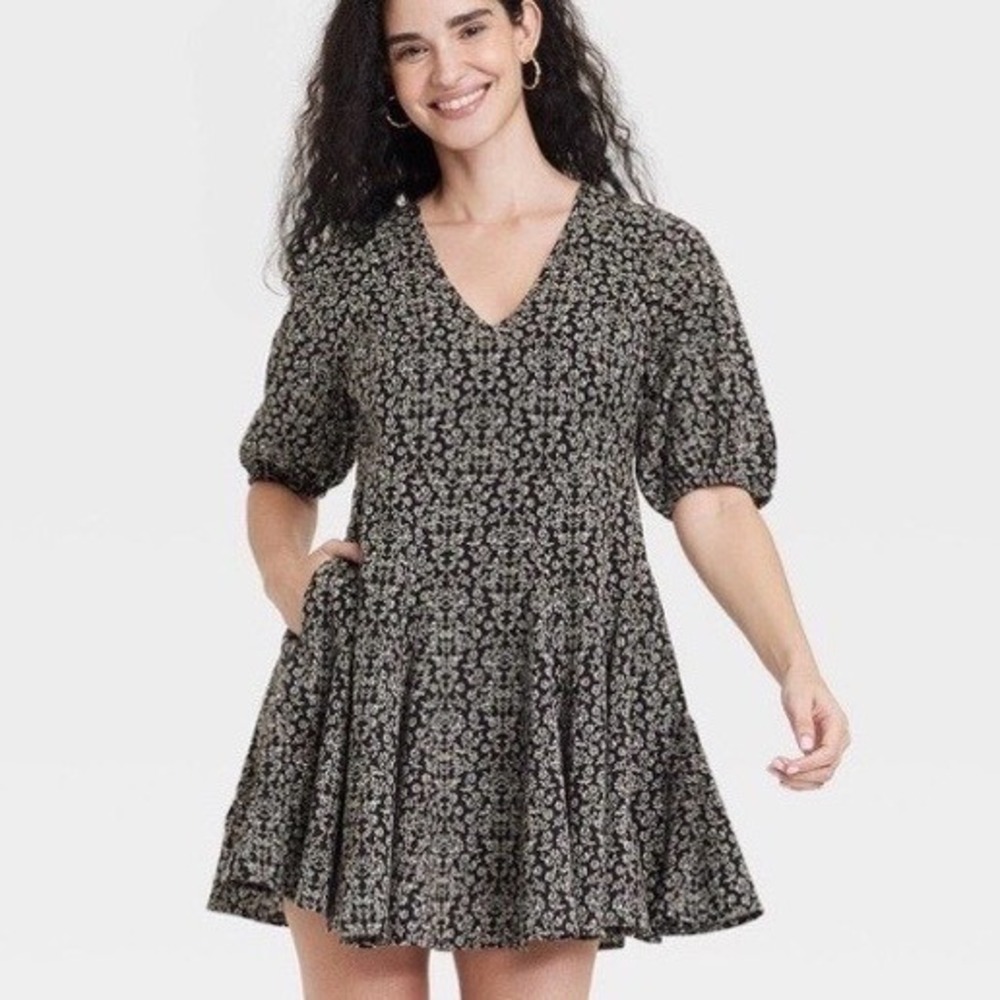 Universal Thread Black Floral Mini Dress V-Neck Puff Sleeve Pockets XL